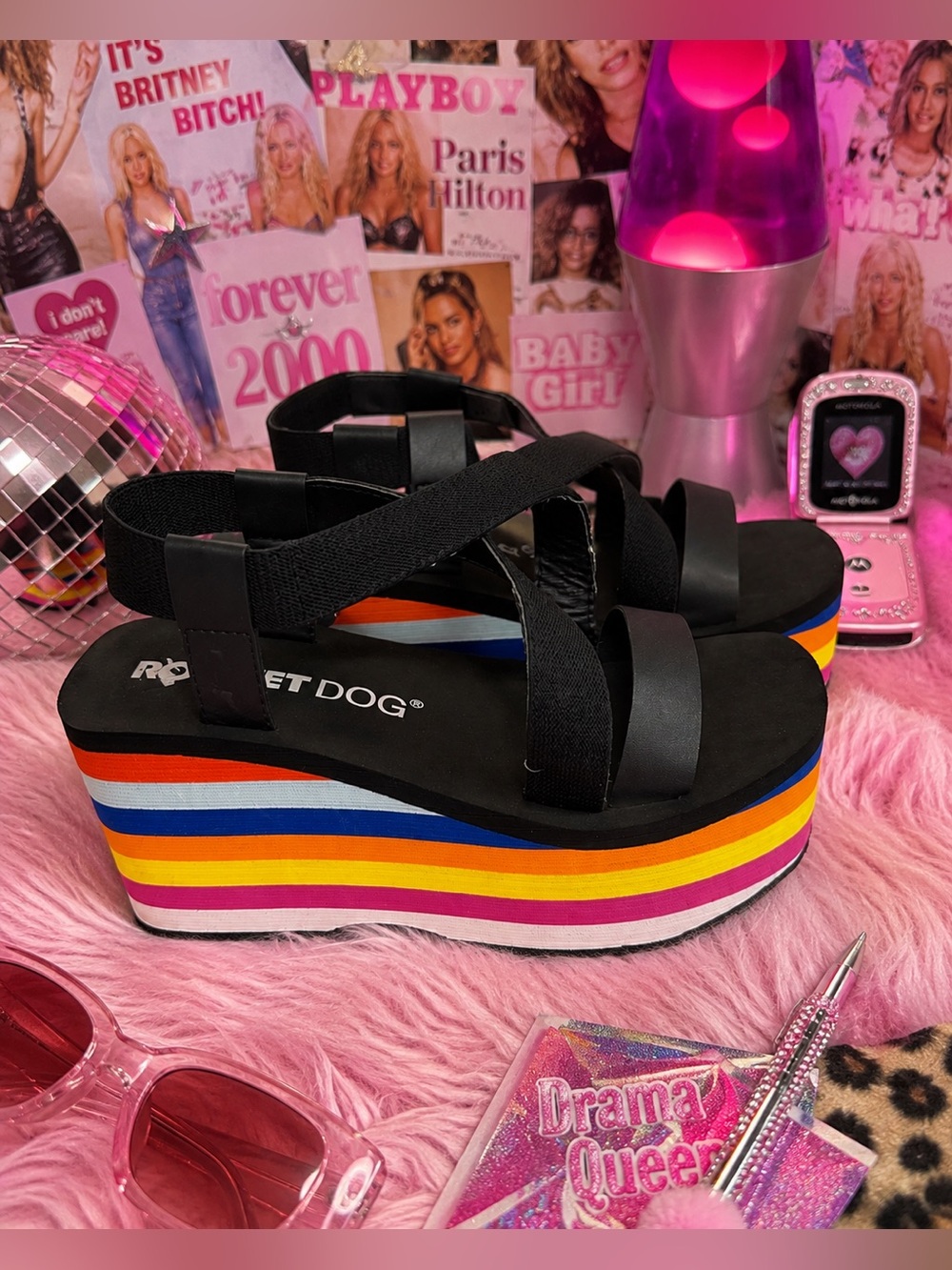 Rocket Dog Black Strappy Platform Sandals with Rainbow Stripes